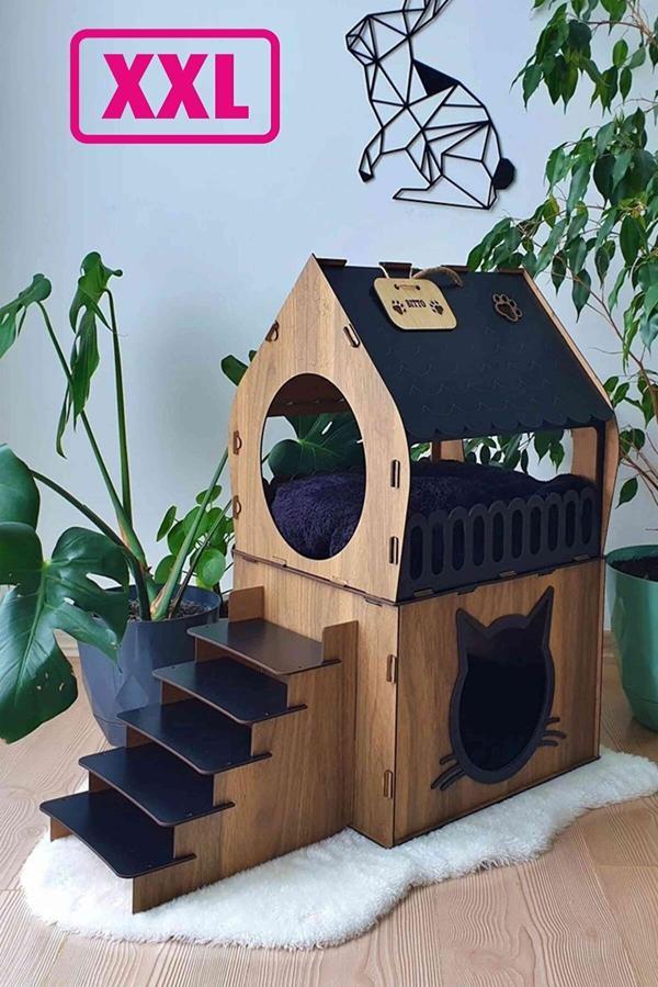 Büyük Kedi Evi Xxl Teraslı Kedi Evi 5kg Ve Üzeri Kediler Için XXL SİYAH - Image 1