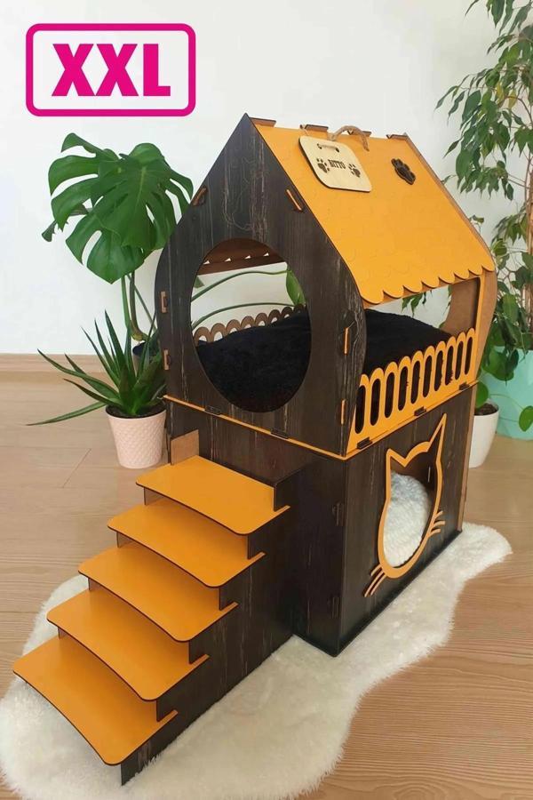 Büyük Kedi Evi Xxl Teraslı Kedi Evi 5kg Ve Üzeri Kediler Için XXL Turuncu - Koyu Kahverengi - Image 1