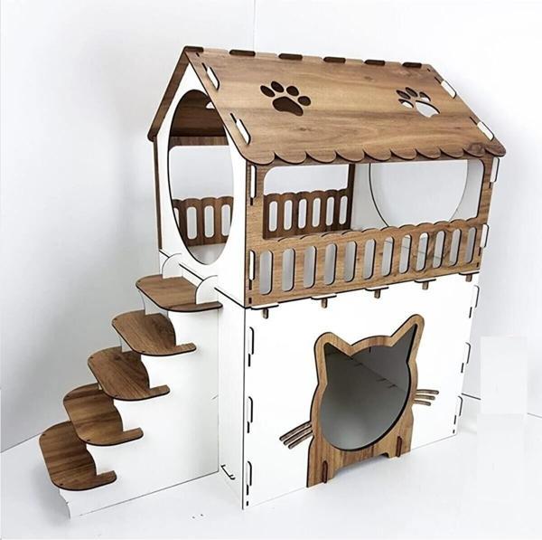 Dekoratif Ahşap Kedi Evi Teraslı 2 Katlı Merdivenli Kedi Evi Kahverengi - Beyaz - Image 1