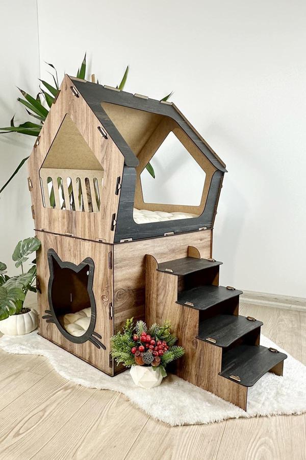 Mavitrend Ahşap Büyük Kedi Evi XXL Açık Teraslı Model 5 Kg Üstü Kediler İçin Kahve- Siyah Renk - Image 1