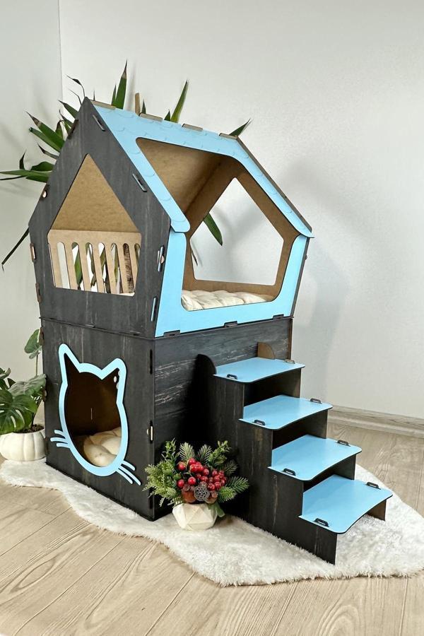 Mavitrend Ahşap Büyük Kedi Evi XXL Açık Teraslı Model 5 Kg Üstü Kediler İçin Mavi - Siyah Renk - Image 1