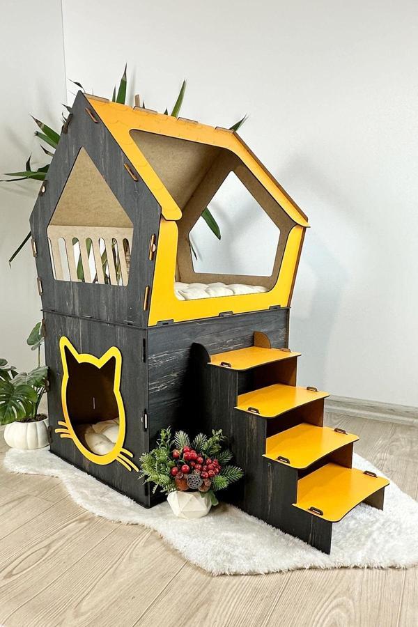Mavitrend Ahşap Büyük Kedi Evi XXL Açık Teraslı Model 5 Kg Üstü Kediler İçin Sarı- Siyah Renk - Image 1