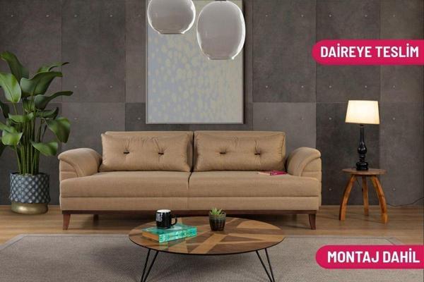 Perla Sofa Madrid Üçlü Yataklı Kanepe Hardal Kazayağı - Image 1