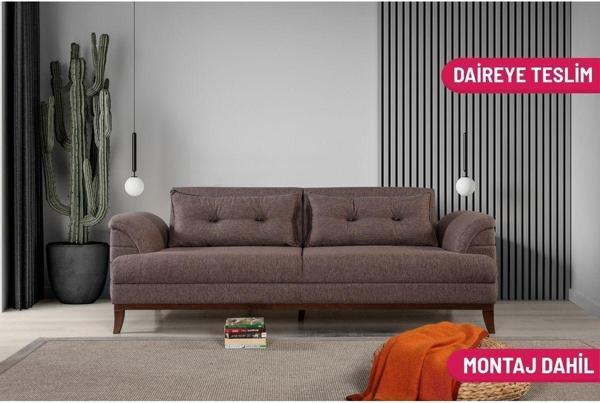 Perla Sofa Madrid Üçlü Yataklı Kanepe Keten Kahve - Image 1