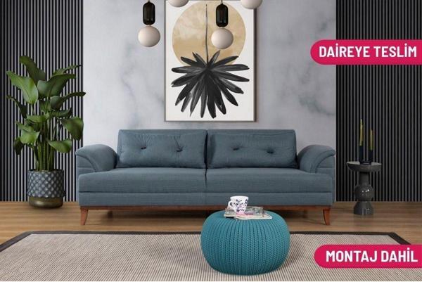 Perla Sofa Madrid Üçlü Yataklı Kanepe Mavi Kazayağı - Image 1