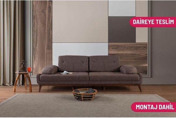 Perla Sofa Nelson Üçlü Kanepe Keten Kahve - Image 1