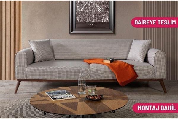 Perla Sofa Seneca Yataklı Kanepe Keten Açık Kahve Kazayağı - Image 1