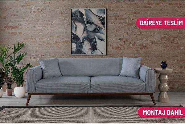Perla Sofa Seneca Yataklı Kanepe Keten Açık Mavi Kazayağı - Image 1