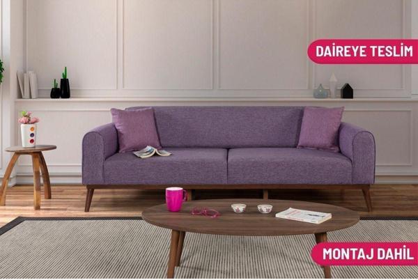 Perla Sofa Seneca Yataklı Kanepe Keten Mor - Image 1