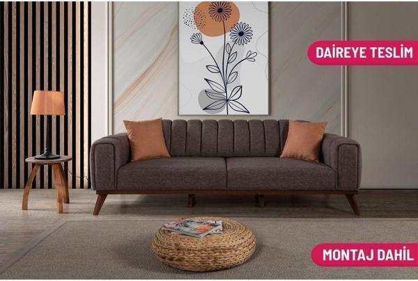 Perla Sofa Velar Yataklı Kanepe Keten Kahve - Image 1