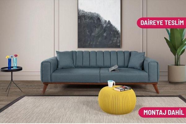 Perla Sofa Velar Yataklı Kanepe Keten Mavi Kazayağı - Image 1
