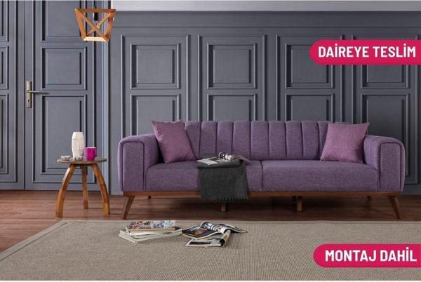 Perla Sofa Velar Yataklı Kanepe Keten Mor - Image 1