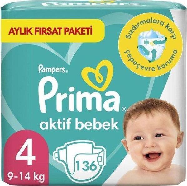 Prima Aktif Bebek 4 Beden Bebek Bezi 136 Adet Aylık Fırsat Paketi - Image 1