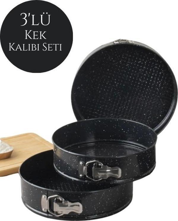 Yuvarlak 3'lü Kelepçeli 3 Boy Pasta Turta Kek Kalıbı Seti - Siyah - Image 1