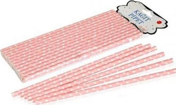 KAĞIT PİPET 20 CM - Ø6MM. PEMBE ÜZERİNE BEYAZ PUANTİYE / 25 ADET - Image 1
