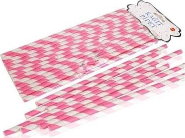 KAĞIT PİPET 20 CM - Ø6MM. PEMBE-BEYAZ SPİRAL / 25 ADET - Image 1