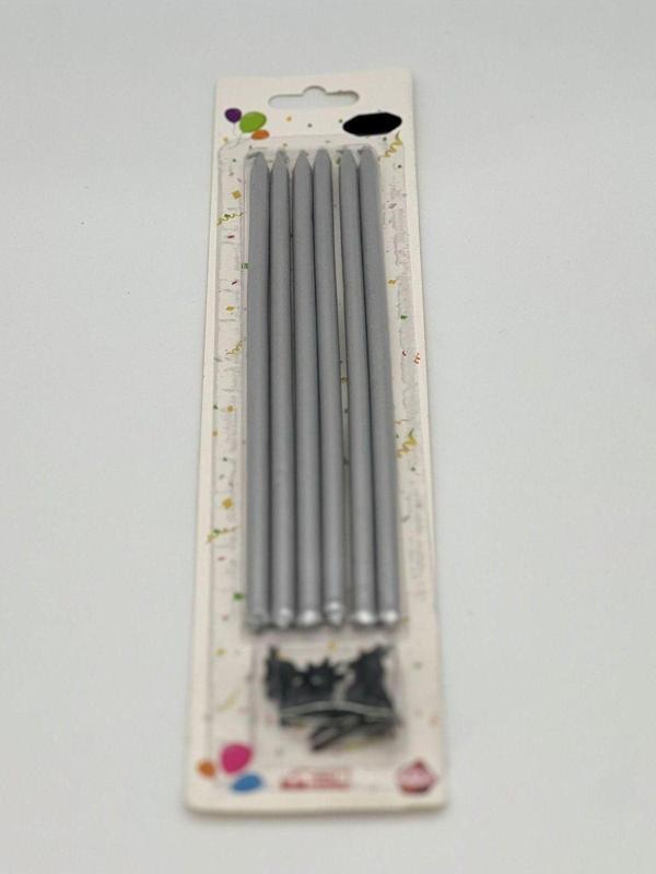 METALİK GÜMÜŞ RENK UZUN MUM 6 ADET 18cm. - Image 1