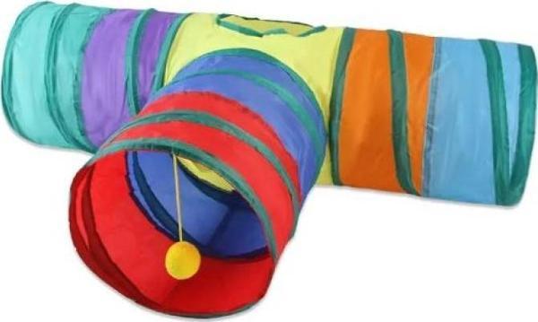 Gökkuşağı Desenli T Model Kedi Oyun Tüneli, Katlanabilir 50 x 75 cm - Image 1