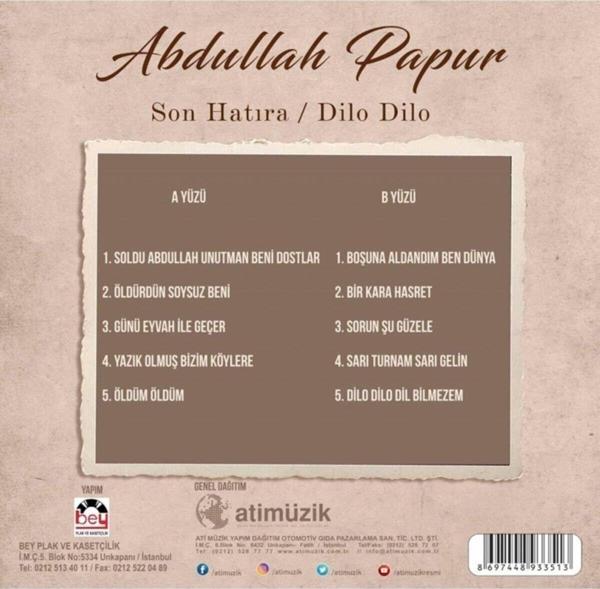 Plak - Abdullah Papur - Son Hatıra / Dilo Dilo - Image 1