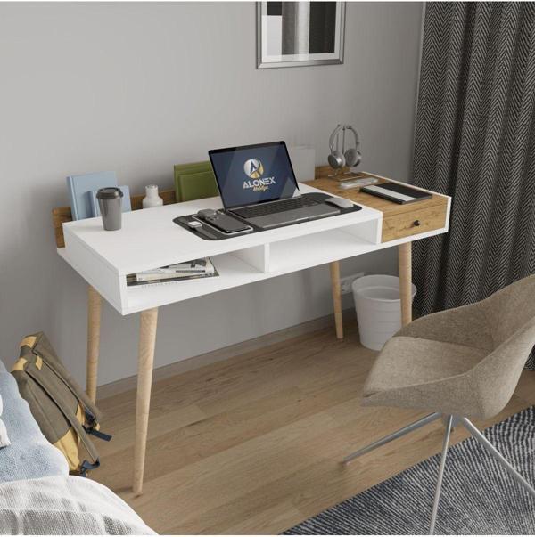 Alonex Flex Çalışma Masası, Bilgisayar Masası, Ahşap Ayak Çalışma Masası, Sepet-Beyaz - Image 1
