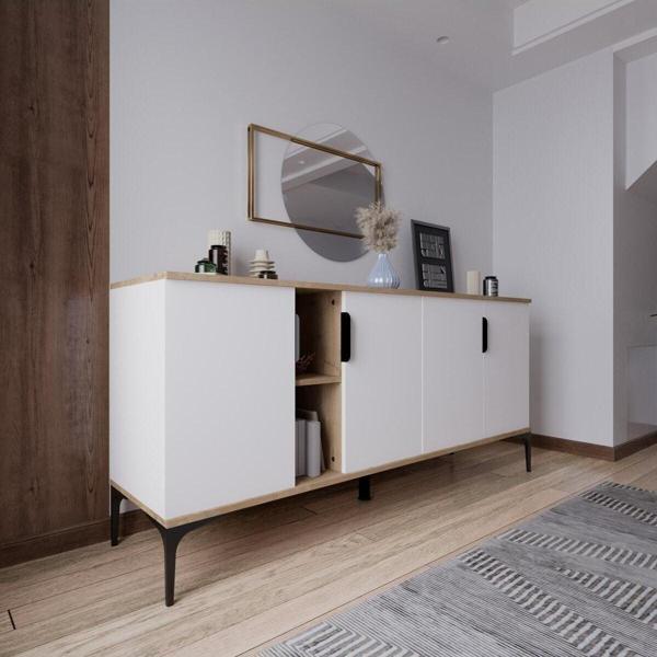 Alonex Mobilya Tarz Beyaz Konsol 4 Kapaklı, Raflı, 180 Cm, Yemek Odası, Ofis, Salon Ünite (Full Beyaz) - Image 1