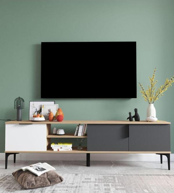 Alonex Mobilya Tarz Tv Ünitesi, Raflı Tv Sehpası, 180 Cm Tv Ünitesi Konsol ( Beyaz-Antrasit) - Image 1