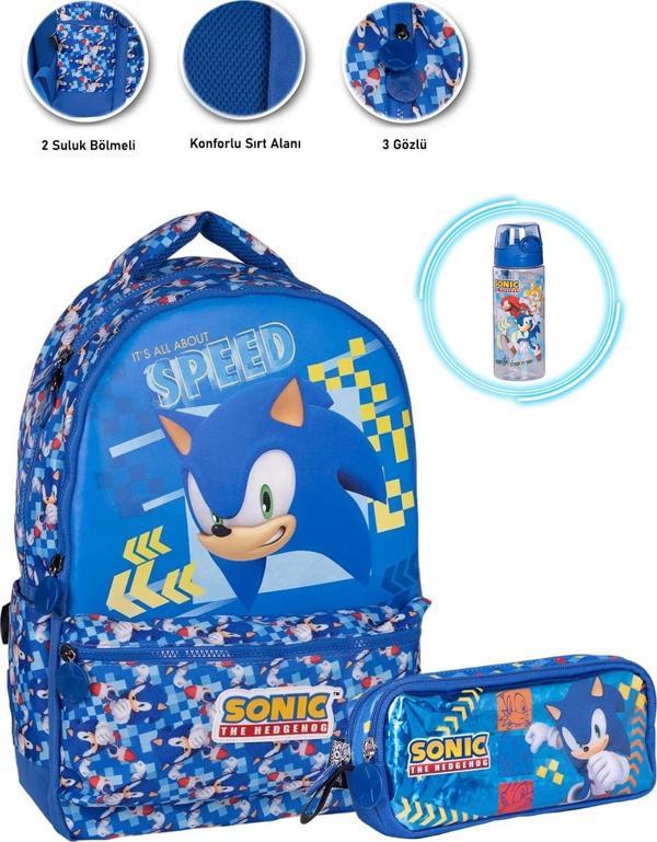 3 Gözlü End Sonic Okul Çantası + Kalemlik + Sonic Suluk - Sonic Çanta İlkokul Çanta Erkek Okul Çanta - Image 1