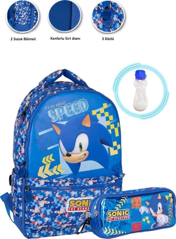 3 Gözlü End Sonic Okul Çantası + Kalemlik + Suluk - Sonic Çanta İlkokul Çantası Erkek Okul Çantası - Image 1