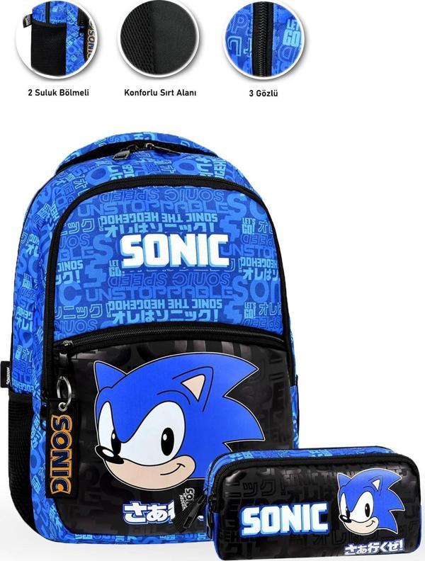 3 Gözlü Kafa Sonic Okul Çantası + Kalemlik - Sonic Çanta İlkokul Çantası Erkek Okul Çantası - Image 1