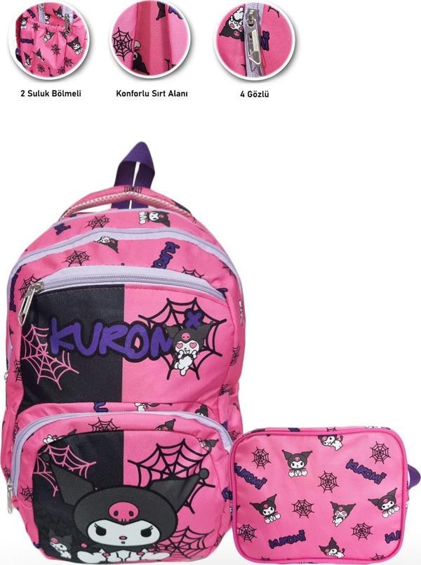 4 Gözlü Pembe Ağ Kuromi İlkokul Çantası + Beslenme - Kuromi İlkokul Kız Çantası - Image 1