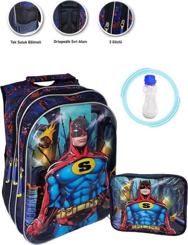 Kabartmalı Süper Batman Okul Çantası + Beslenme + Suluk Batman Çanta İlkokul Çanta Erkek Okul Çanta - Image 1