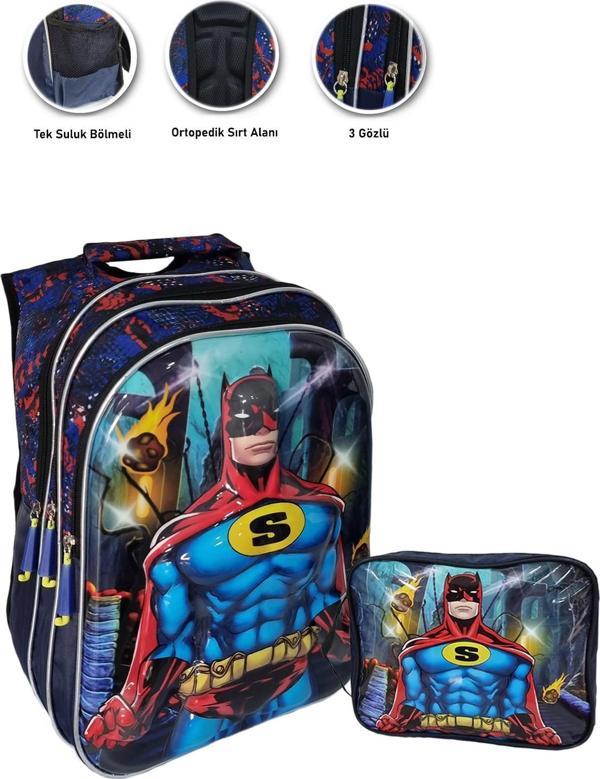 Kabartmalı Süper Batman Okul Çantası + Beslenme Batman Çanta İlkokul Çantası Erkek Okul Çantası - Image 1