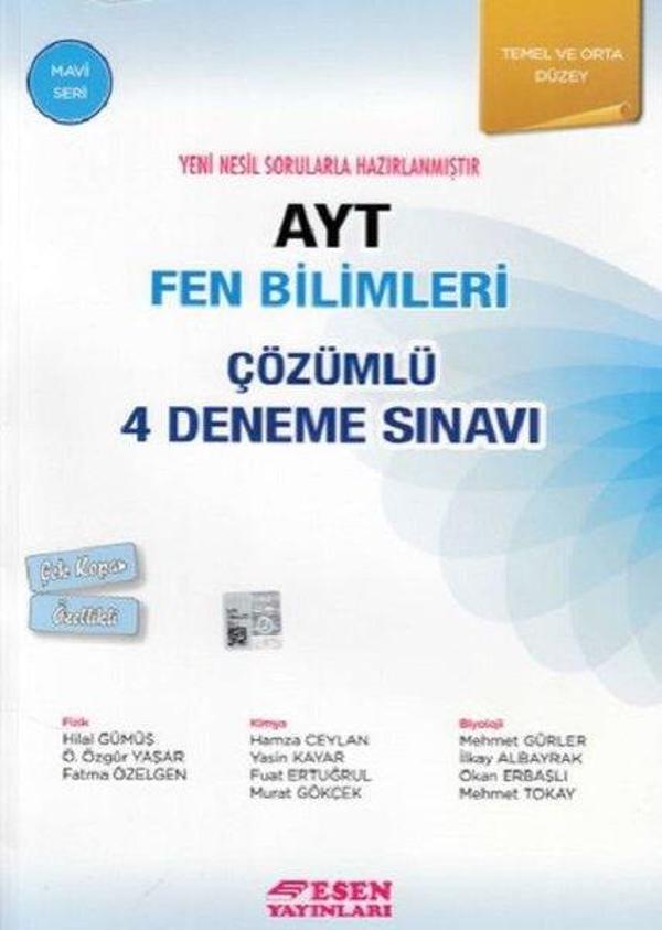 AYT Fen Bilimleri Çözümlü 4 Deneme Sınavı-Temel ve Orta Düzey - Esen Yayıncılık - Eğitim - Image 1