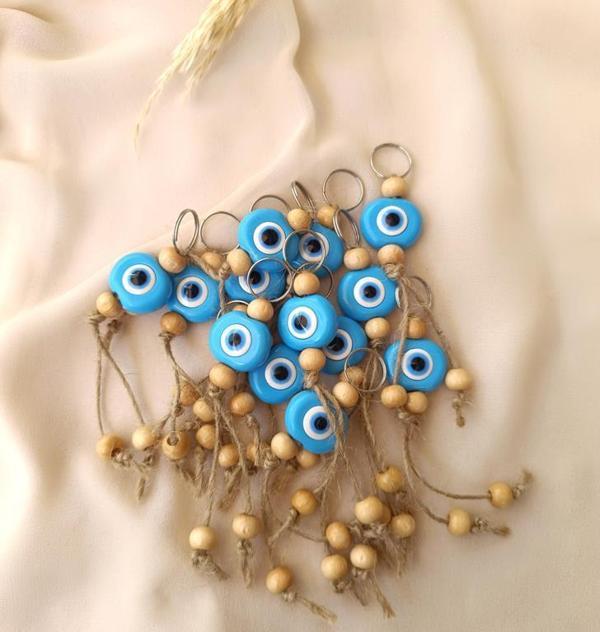 Nazar Boncuk Anahtarlık Mavi 10 Adet Kötü Göz Kovucu Ahşap Boncuklu Nazar Hand Made Hasır Nazarlı Anahtarlık - Image 1