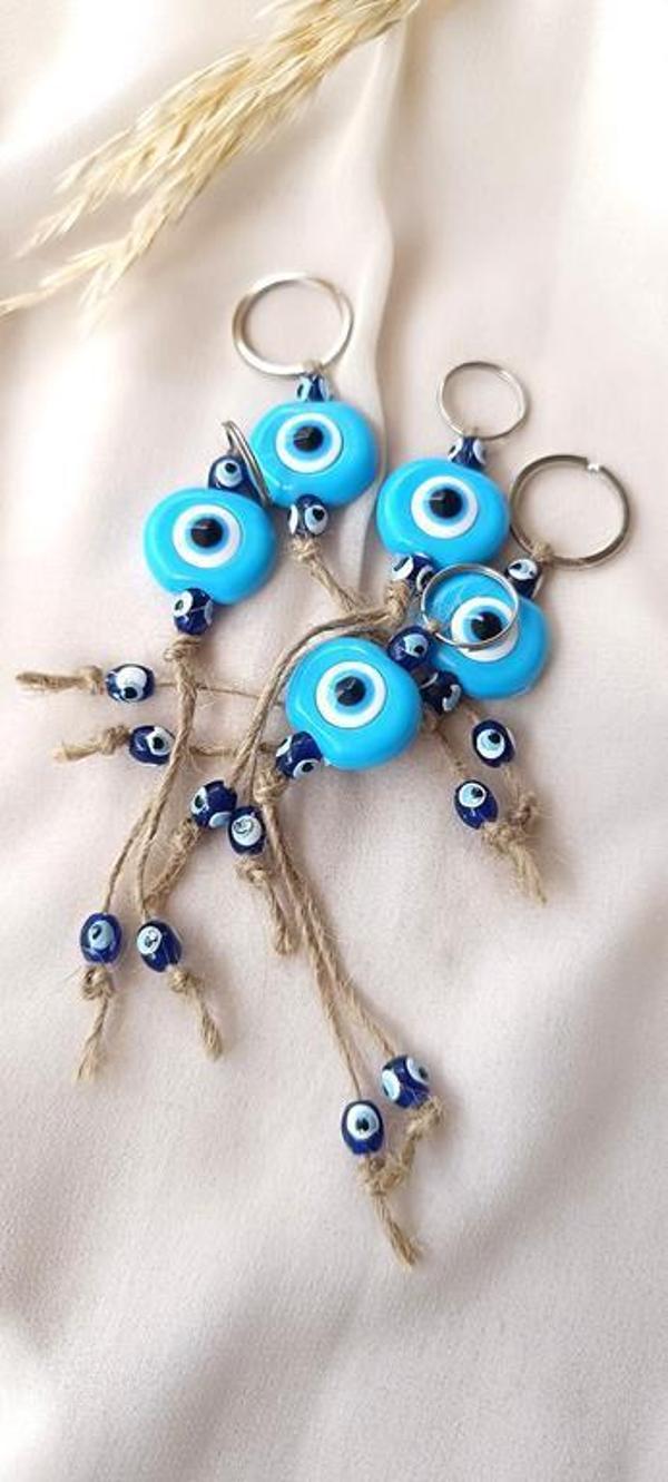 Nazar Boncuk Mavi Anahtarlık 5 Adet Kötü Göz Kovucu Nazar Hand Made Hasır Nazarlı Anahtarlık - Image 1
