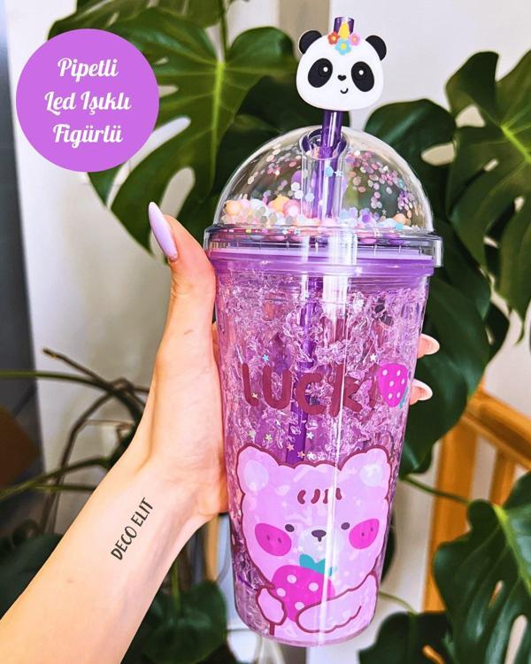 Çılgın Suluk Pipetli Buzlu Cam Görünümlü Led Işıklı 450 ML Çift Katman Mika 2093 Mor - Image 1