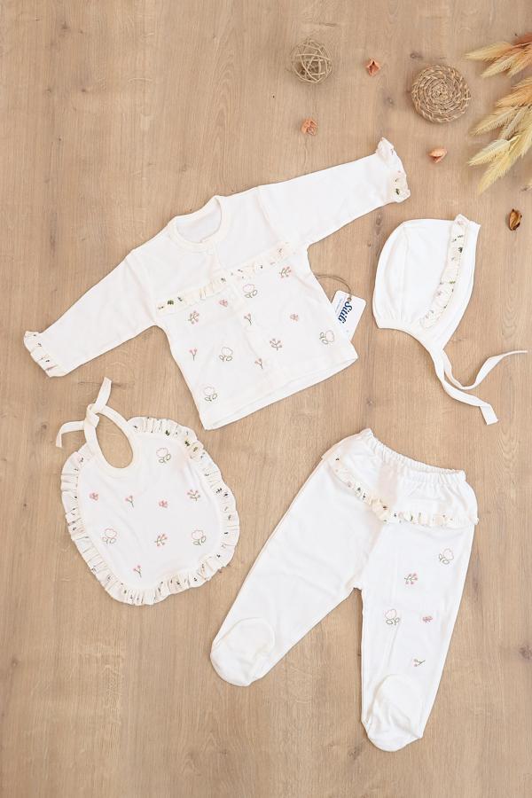 Kız Bebek Natural Pamuk Kumaş 5 Li işlemeli Lüks Hastane Çıkışı Seti STL6769 - Image 1
