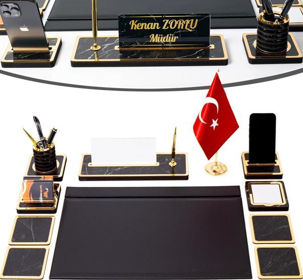 İsimliksepeti 11 Parça Türk Bayraklı Mermer Desen Ahşap Sümen Takımı Masa İsimliği Deri Sümen Seti - Image 1