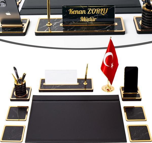 İsimliksepeti Star Bayraklı Mermer Desenli Ahşap Sümen Takımı Deri Sümen Seti Masa İsimliği - Image 1