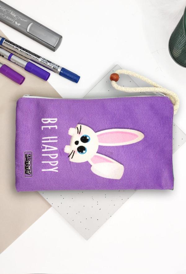 Sevimli Tavşan Mor Renkli Kalem Kutusu Yıkanabilir Bez Kalemlik  - Image 1