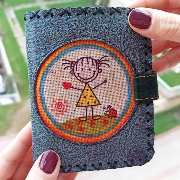 El Yapımı Kadın Cüzdan Vegan Deri Sevimli Kız Görselli Mavi Renk - Image 1