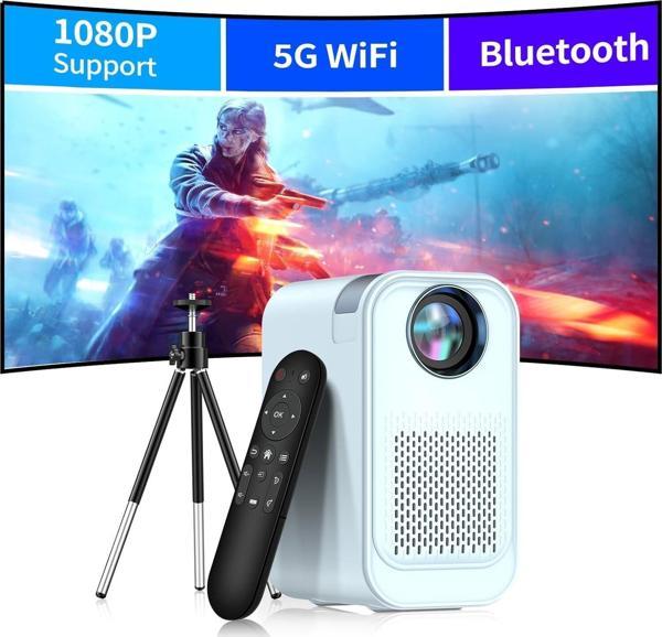 Vasoun 5G WiFi ve Bluetooth'lu Mini Projektör, Projektör Standlı 1080P Destekli - Mavi - Image 1