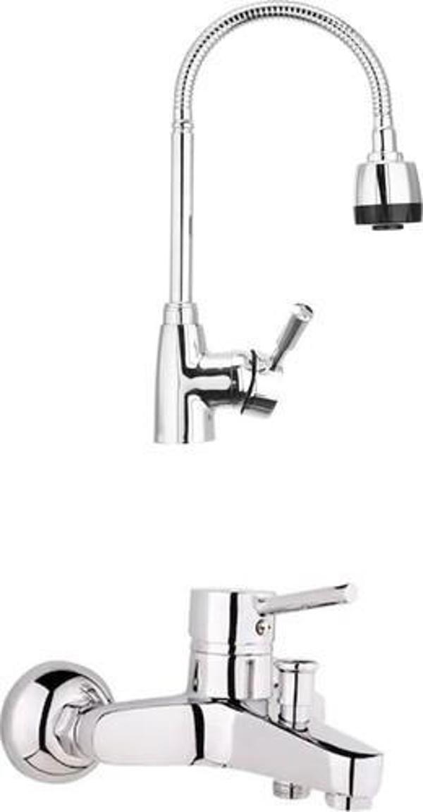 Arçe Spiralli Eviye Batarya ve Çubuk Kollu Mix Banyo Bataryası - Image 1
