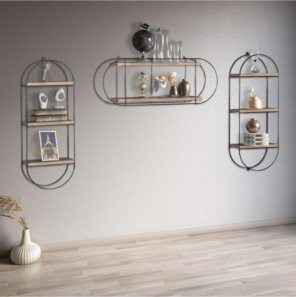 Full Reyon Modern 3 Adet Dekoratif Elips Duvar Rafı Siyah Modern 82 Cm 14 Cm Ahşap - Image 1
