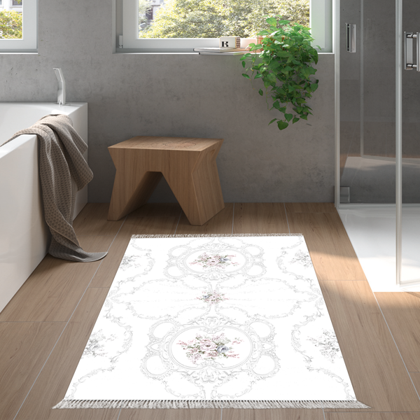 Dekoreko Kaymaz Taban Djt Banyo Halısı Yıldız Deri Saçaklı Modern 1494 Gri - Image 1