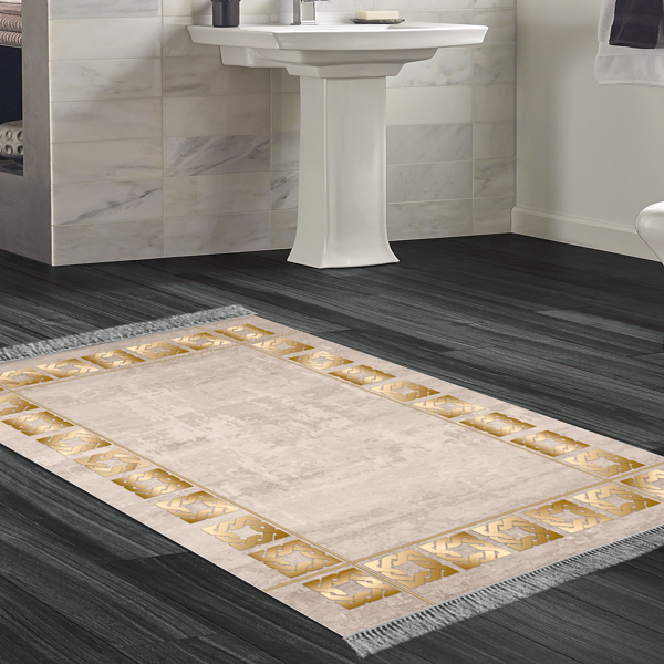 Dekoreko Kaymaz Taban Djt Banyo Halısı Yıldız Deri Saçaklı Modern 691M Gri - Image 1