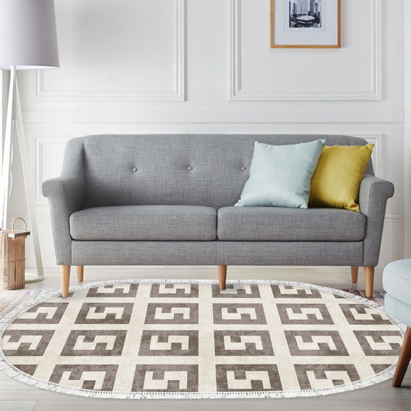 Dekoreko Kaymaz Taban Djt Salon Halısı Trend Saçaklı Oval Modern 606M Bej - Image 1