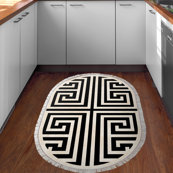 Dekoreko Kaymaz Taban Djt Mutfak Halısı Yıldız Deri Saçaklı Oval Modern 658M Siyah - Image 1