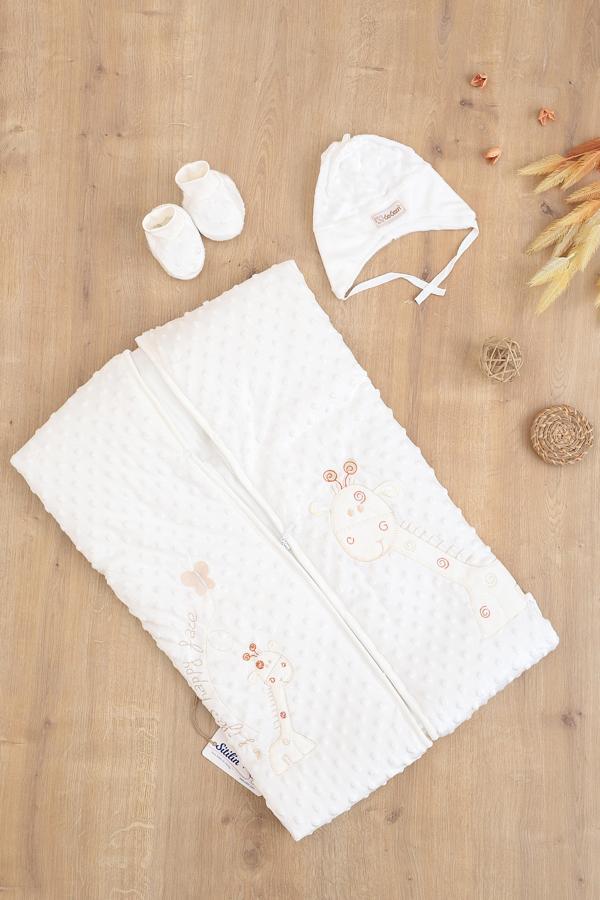 Sitilin Kız Erkek Bebek Kadife Fermuarlı Şapka Patikli Kundak Battaniye Seti STL6784 - Image 1