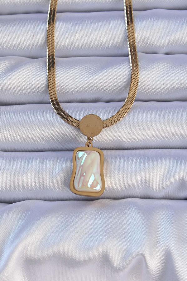 316L Çelik Gold Renk İtalyan Zincir Ezme Taşlı Kolye - EBJ240912W27998 - Image 1